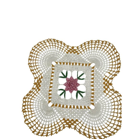 Vtg Handmade Tatted Crocheted Table Centerpiece Doily 3D Pink Flower Gold Border - Picture 1 of 4